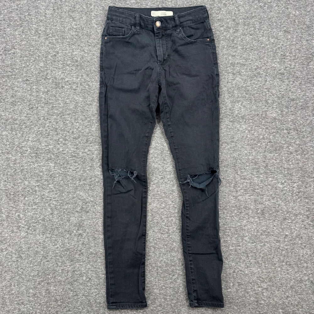 Topshop Moto Leigh Skinny Jeans Black Distressed Ripped‎ Knee W25 Womens